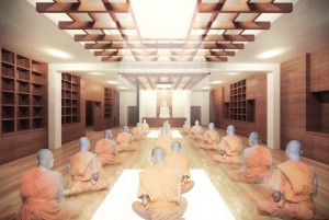 A design rendering of a prayer room at the Tibetan Community Center