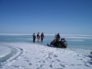 A thin crust of snow hides sea ice in various stages of melting and re-freezing. Sea ice temperature and salinity are critical to determining whether or not percolation will occur.