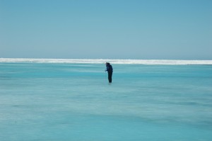 A rubber-suited Ken Golden wades into icy Arctic waters to measure the depth of this melt pond. Understanding how environmental conditions like temperature and incoming solar radiation affect percolation, or the movement of water up and down through sea ice, could help scientists better predict how sea ice might respond to changes in its environment.