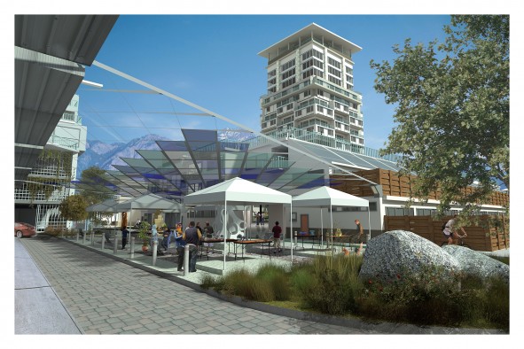 A design rendering of a semi-translucent canopy creates interesting lighting and shadow effects for outdoor markets and events. U urban design student Christian Kirkham created this design proposal of affordable housing to be exhibited at The Leonardo.