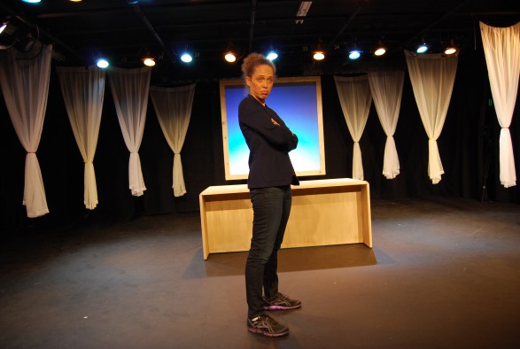 Fanshen Cox DiGiovanni performing her one-woman show, “One Drop of Love,” about the evolution of race in the United States and how it affects relationships.