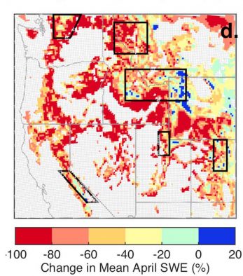Modeled percentage changes in the mean April snow water equivalent (SWE), a measure of snowpack, in the Western United States by the end of the century.