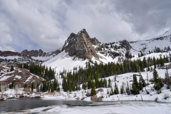Sundial Peak, in the Wasatch Mountains, with Lake Blanche (elevation 8920 feet, 2718 meters) in the foreground, May 2016.