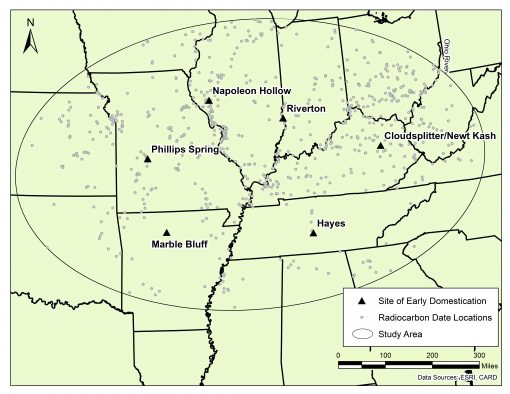 This map shows the area covered by a new University of Utah study that concludes a population boom and resulting scarcity of wild foods are what caused early people in eastern North America to domesticate wild food plants for the first time on the continent starting about 5,000 year ago. The triangles and names represent archaeological sites previously identified as locations where one or more of the these plants first were domesticated: squash, sunflower, marshelder and pitseed goosefoot, a relative of quinoa. The small circles are sites where radiocarbon-dated artifacts have been found, with a single circle often representing many dated artifacts. The study area includes much of eastern North America inland from the Atlantic and Gulf coasts.