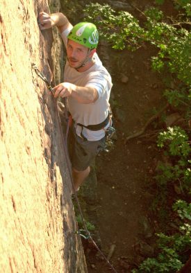 Justin Boyer rock climbing with a rope in Parley’s Canyon near Salt Lake City. In what began as Boyer’s mathematical modeling class project, he and three other University of Utah mathematicians have published a study showing the mathematical possibility of designing a climbing rope that would apply a constant force to a falling climber, bringing the climber to a gradual stop rather than hitting the end of the rope with sudden jerk.