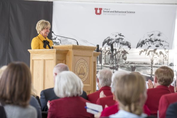 Carolyn Gardner addresses audience at the unveiling ceremony for the new Carolyn and Kem Gardner Building.